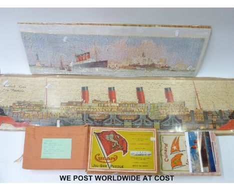 Three Chad Valley Cunard White Star Line jigsaw puzzles RMS Aquitania sectional view, RMS Mauretania Leaving New York and RMS
