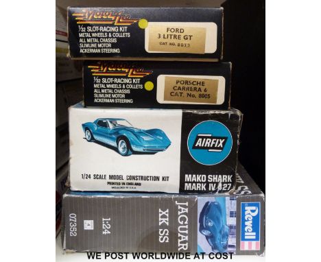 Four Airfix and Revell model  kits, Motor Ace Ford GT 3-litre and Porsche Jaguar XK SS and Mako Shark, all in original boxes