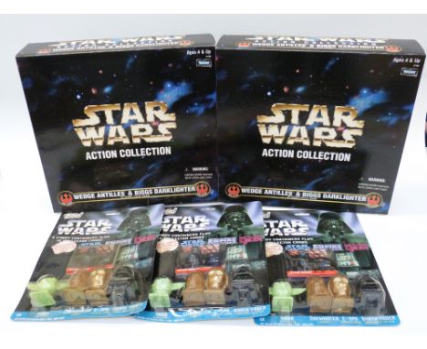 Two Kenner Star Wars Collecton figure sets, Wedge Antiles & Biggs Darklighter, together with three sets of Topps Star Wars Ca