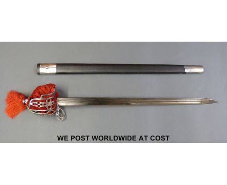 A Scottish basket hilt replica broadsword with leather effect scabbard, overall length 96cm