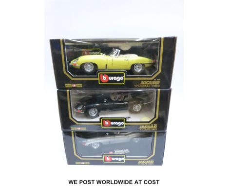 Three Burago 1:18 scale diecast model 1961 Jaguar E-type sports cars, two Coupes and one Cabriolet, all in original boxes