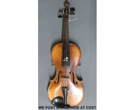 A cased late 19th / early 20th century violin with Sorrento style decoration and mother of pearl inlay to finger board, 36cm 