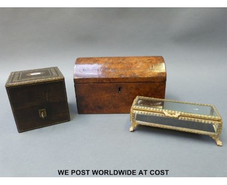 A 19thC dome topped burr walnut two division tea caddy, 19th century inlaid box and a glass and gilt metal jewellery casket