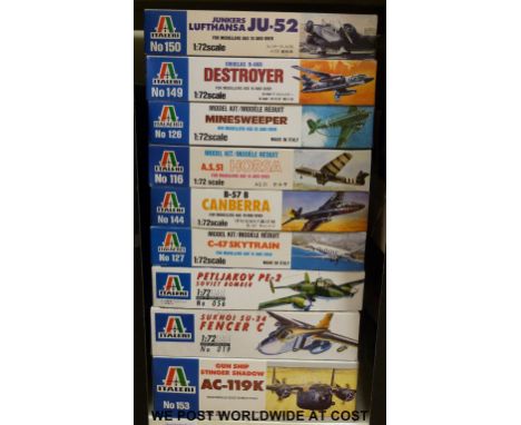 Nine Italeri 1:72 scale model aircraft kits, all in original boxes