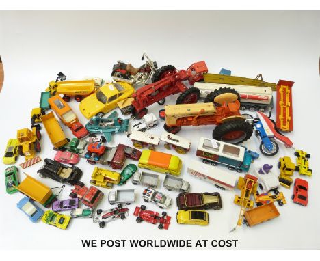 Over 50 Matchbox and other diecast model vehicles including two ERTL large scale tractors