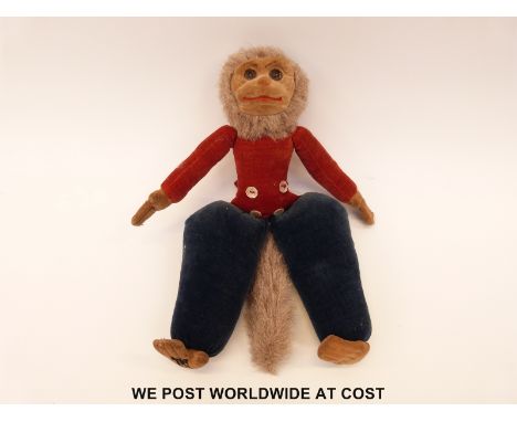 Nora Wellings felt monkey with blue trousers, red top and mother of pearl buttons, 28cm tall