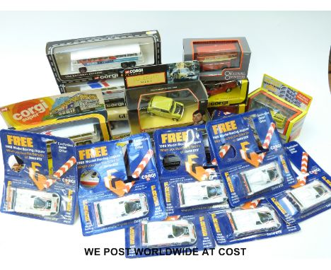 Twenty Corgi diecast model vehicles including Mr Bean's Mini, Only Fools and Horses Reliant van, Corgi Super, Beano, Corgi tr