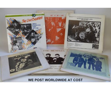 The Beatles: 6x bootleg LPs; one Radio Transcription LP; and two double LPs from the USA “Ticket To Ride” show.  Vinyl appear