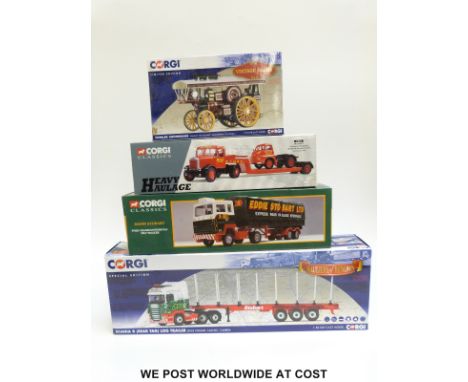 Four Corgi diecast model vehicles, Hauliers of Renown special edition Scania R log trailer, Vintage Glory Fowler showman's st