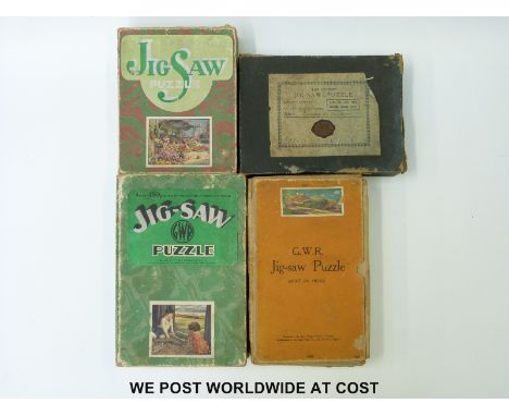 Four wooden jigsaw puzzles including Chad Valley, GWR and 'The Expert'