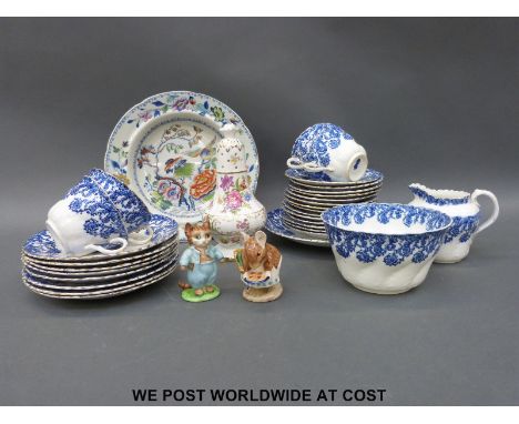 Two Beswick Beatrix Potter figures, Hammersley Dresden "Sprays" sifter, wrythen moulded blue and white part tea set and an Ir