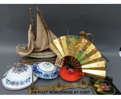 A quantity of collectables to include whistling top, flagon, model sailing ship, Art Nouveau style tiles etc