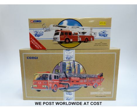 Two Corgi Classics diecast model American fire engines,  limited edition American LaFrance Aerial Ladder Truck 97321 and Clev