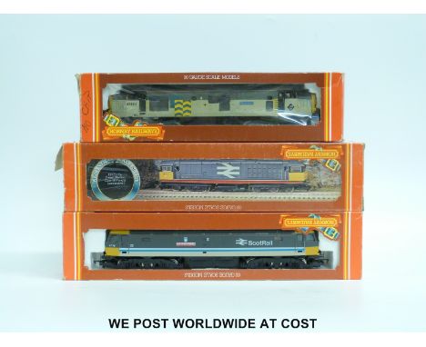 Three Hornby 00 gauge diesel locomotives 'Railfreight' 58020, Scotrail Class 47 'Greyfriars Bobby' R.886 and 'Ripple Lane' 37