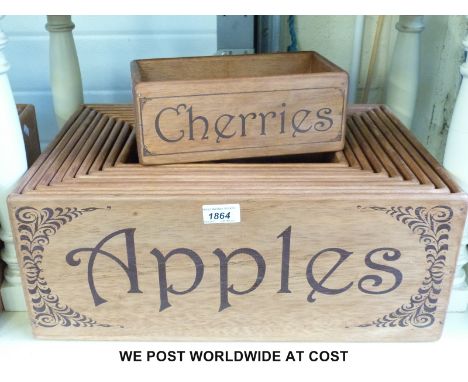A set of ten wooden vintage style storage/retail boxes with fruit and veg theme, largest 48cm long