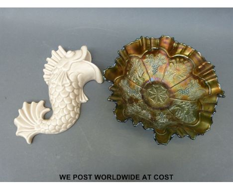 A Clarice Cliff fish wall pocket and a Carnival glass dish decorated with peacocks