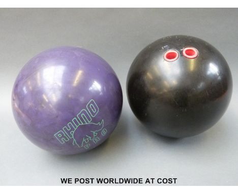 A vintage 1950's cork centred bowling ball marked Amflite A14-29901 together with a Brunswick example