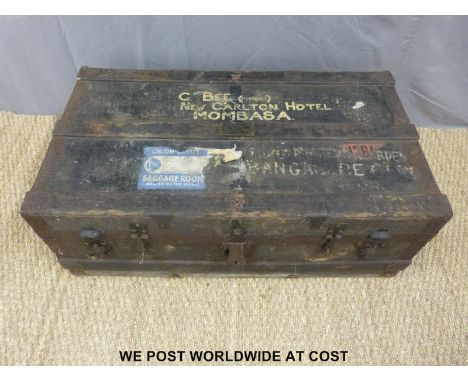 A vintage metal and wood bound trunk, length 88cm