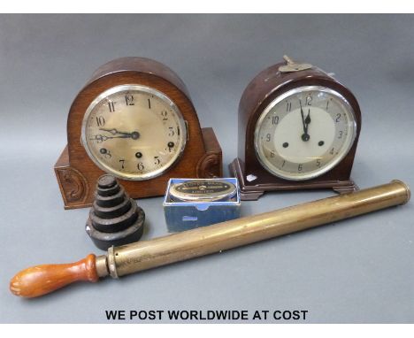 Two c1930 mantel clocks, one Enfield in bakelite the other a three train together with weights, vintage Lloyds Bank money box