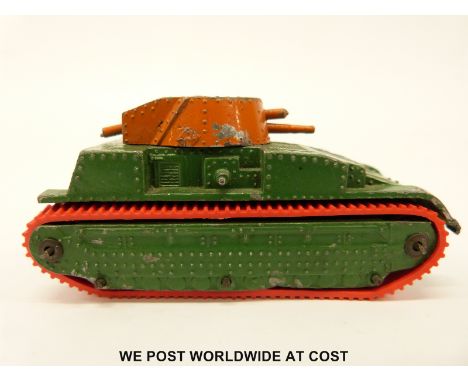 Dinky Toys Hornby Series diecast model Army Tank with green body, orange turret and red rubber tracks, 22F 