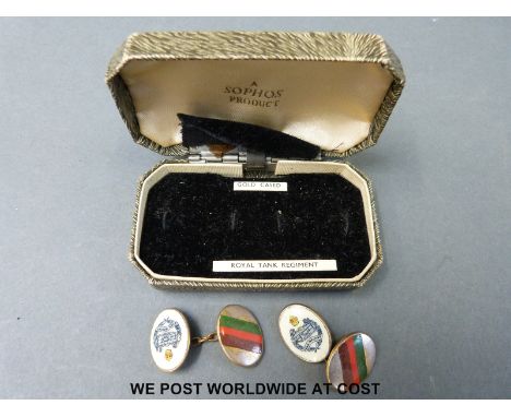 A cased pair of Royal Tank Regiment enamel cuff links
