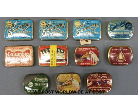 Eleven vintage gramophone needle tins to include Edison Bell, Songster, Columbia, His Master's Voice etc, most examples with 