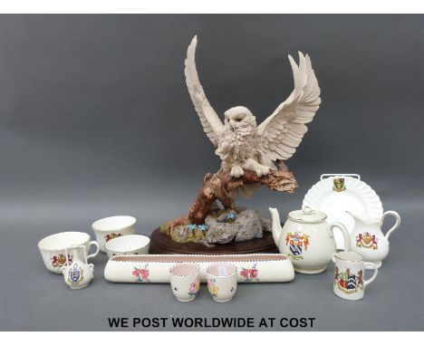 A large Country Artists owl, crested ware including Shelley for Torquay, Stroud, Gloucester etc and Poole pottery egg cups et