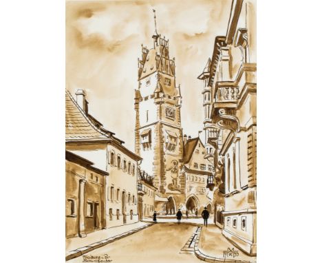 1919 Barsinghausen - 2006 Kirchzarten.  Lavierte Rohrfederzeichnung. Blick auf das Schwabentor in  Freiburg. U.r. monogr. u. 