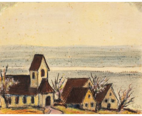 1881 Pforzheim - 1957 Badenweiler.  Aquarell. Frühling im Markgräflerland mit Blick über  die Dorfkirche auf die Rheinebene U