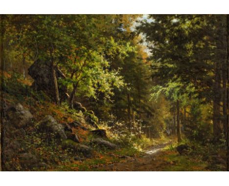1838 Prag - 1909 Baden-Baden. Öl/Lw. 'Waldinneres' bei Baden-Baden. Sonniger, sommerlicher  Blick auf einen Waldweg. U.l. sig