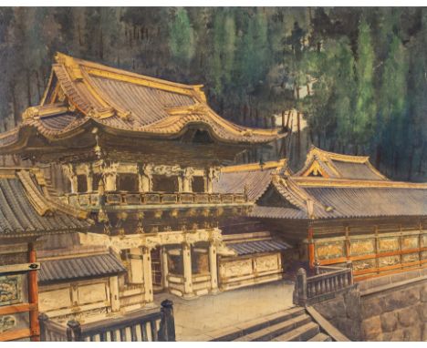 Um 1900. Aquarell. Blick auf die prächtige japanische Tempelanlage Nikko  Tosho-GU. (Abriebe). 47 x 59 cm. Pass. R.
