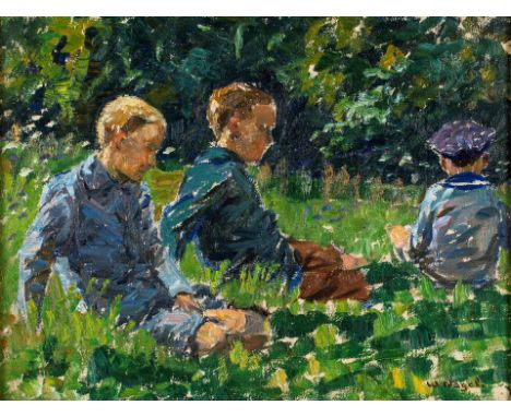 1866 Mannheim - 1945 Baden-Baden. Schüler von F. Keller an der  Akademie in Karlsruhe. Öl/Malpappe. Drei Knaben auf einer som