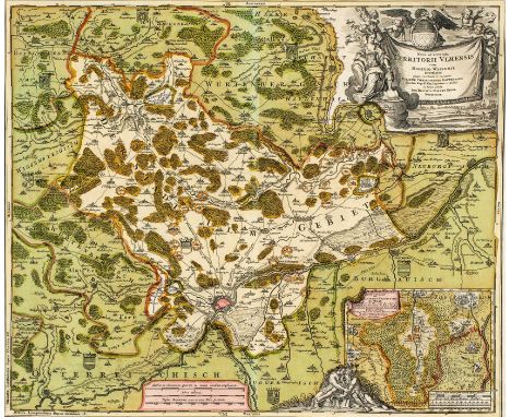 Nürnberg um 1730.  Kupferstichkarte, altkol. 'Nova et accurata Territorii Vlmensis  cum Domino Wainensi'. Mit kleiner Detailk