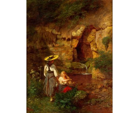 1842 Karlsruhe - 1922 Baden-Baden.  Öl/Lw. Sommerliche Waldlandschaft. Am Ufer des Waldsees zwei  Mädchen in Tracht. U.l. mon