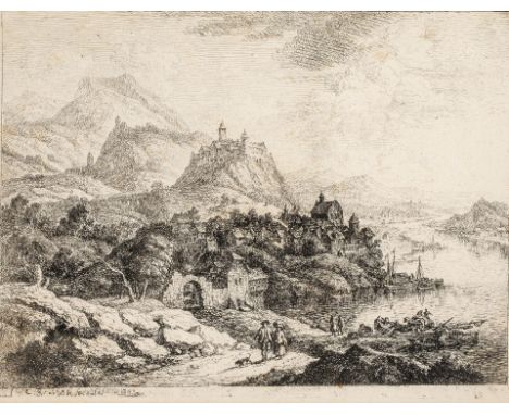 1718 Flösheim a.M. - 1791 Frankfurt a.M.  Radierung. Rheinlandschaft mit vor Anker liegenden Booten und  Spaziergängern. U.l.
