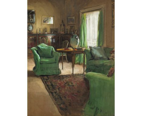 Um 1900.  Aquarell. Blick in das Interieur eines grünen Salons. 62 x 47  cm. R.