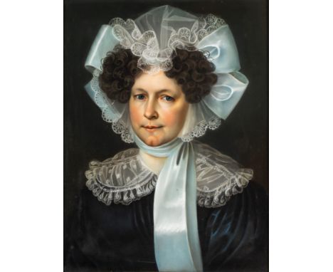 1. Hälfte 19. Jh.  Pastell. Bildnis der Maria Christina Neuheuser (1775-1850) mit  prächtiger weißer Spitzenhaube und Kragen,