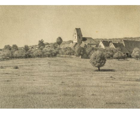1871 Wieslet/Schopfheim - 1940 ebd. Bleistiftzeichnung. Blick auf die Ortsilhouette von Mappach mit  Kirchturm. U.r. sign. u.