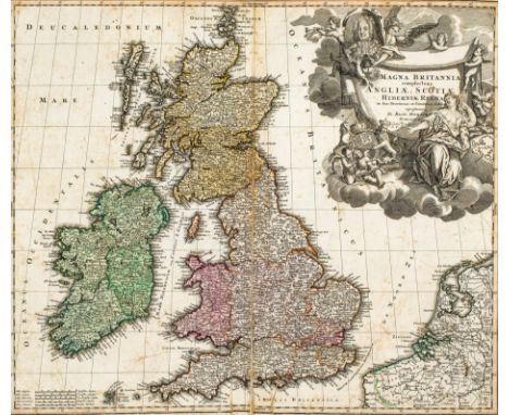 Nürnberg, um 1730. Kupferstichkarte, altkol. Magna Britania, Schottland und  Irland. Prächtige Kartusche mit allegorischen Da