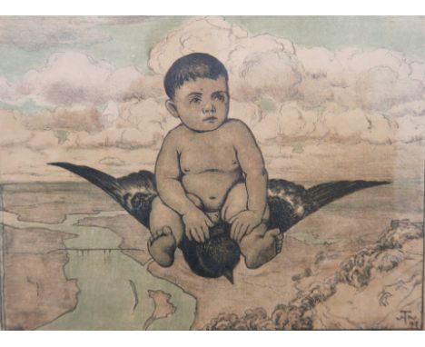 1839 Bernau - 1924 Karlsruhe. Lithogr. Ritt auf dem Vogel. U.r. im Stein monogr. u. 97(18)  dat. 21 x 27 cm. Pass. R.  Lit.: 