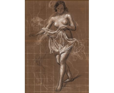 Um 1900. Kohlezeichnung, weiß gehöht. Schreitender weiblicher Akt mit  Schleier. U.r. unleserl. sign. 38 x 27 cm. Pass. R.