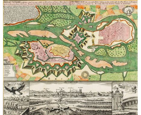 Augsburg, 18. Jh.  Kupferstichkarte, altkol. Prospekt und Plan von Alt-Breisach.  Grundriss mit der Befestigungsanlage, Wappe