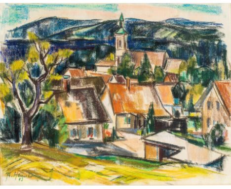 1923 Bad Säckingen - 2007 ebd.  Pastell. Blick auf ein Dorf mit Kirchturmsilhouette. U.l. sign.  u. 83(19) dat. 47 x 60 cm.ÿP