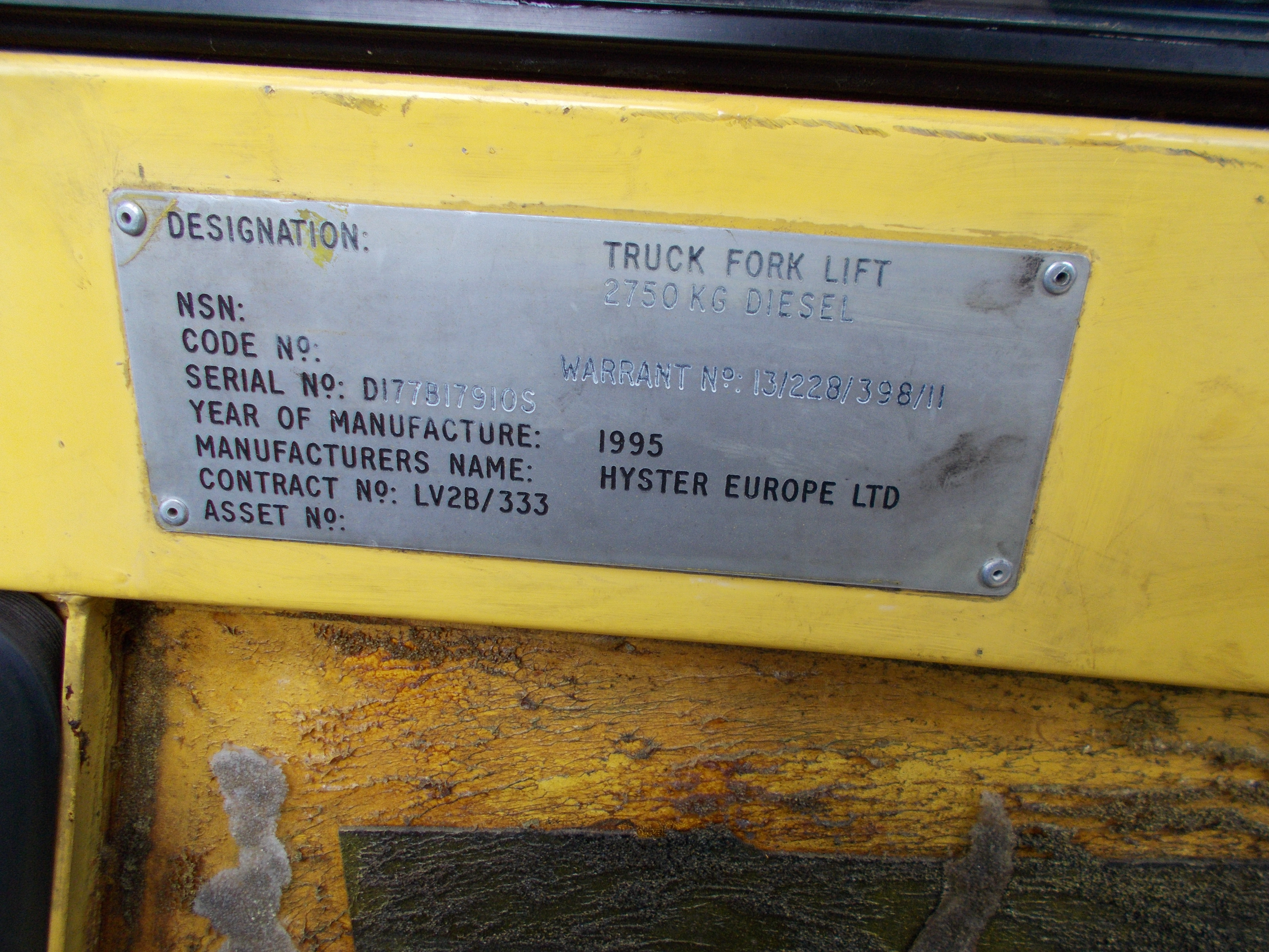 Hyster 3.00M XM Diesel forklift truck, Serial number D177B17910S, Year 1995, Hours 10154