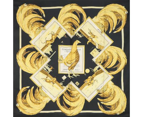 AUFLÖSUNG EINER SAMMLUNG. HERMÈS Seidencarré "COMBAT DE COQS", by Hugo Grygkar, Entwurf erstmals erschienen 1954. Akt. NP.: 4