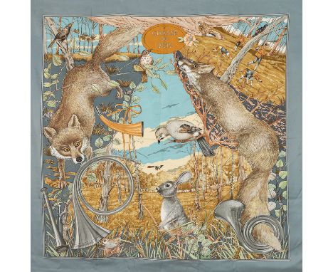 AUFLÖSUNG EINER SAMMLUNG. HERMÈS Seidencarré "CHASSE AU BOIS", by Carl De Parcevaux, Entwurf erstmals erschienen 1995. Akt. N