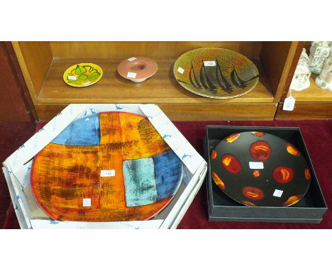 A large Poole Pottery charger 'Gemstone', 40cm diameter, boxed, a smaller plate 'Aegean', decorated with sailing boats, 27cm,