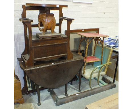 An oak hall seat, a walnut over-mantel, a Georgian mahogany drop-leaf table and other items.