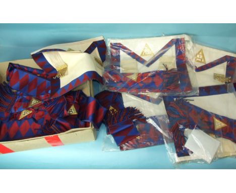 Five Toye, Kenning &amp; Spencer Masonic HRA apron and sash companion sets, (artificial lamb skin), four in plastic covers, (