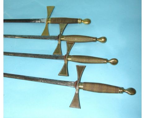 Four Wilkinson Masonic swords with etched blades and gilt wire-bound grips, (scabbards lacking), (4).